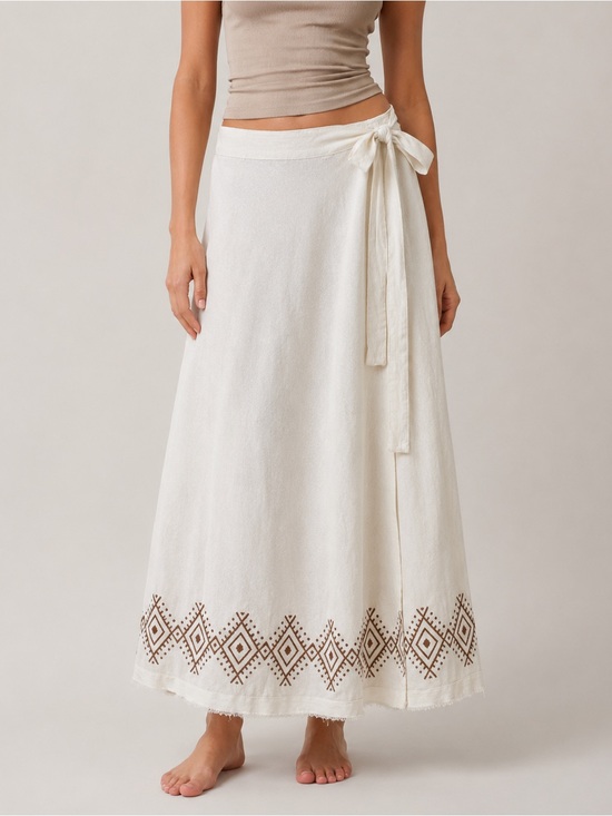 Handmade Dresses & Skirts - Handmade Boho Wrap Maxi Skirt Ivory Brown Geometric Print One Size